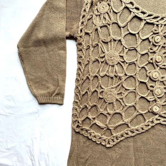 Vintage Ce'Ci Sweater Womens M/L Brown Crochet Chunky Knit Linen Blend Boho NEW - Picture 6 of 10